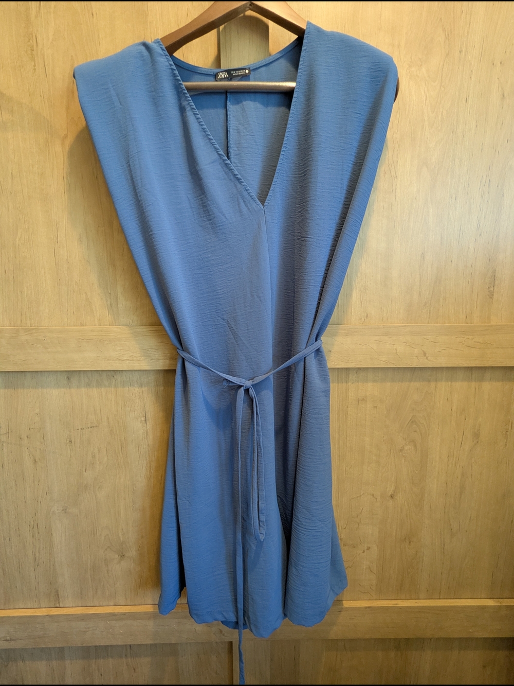 Zara Dusty Blue V-Neck Midi Dress with Waist Tie